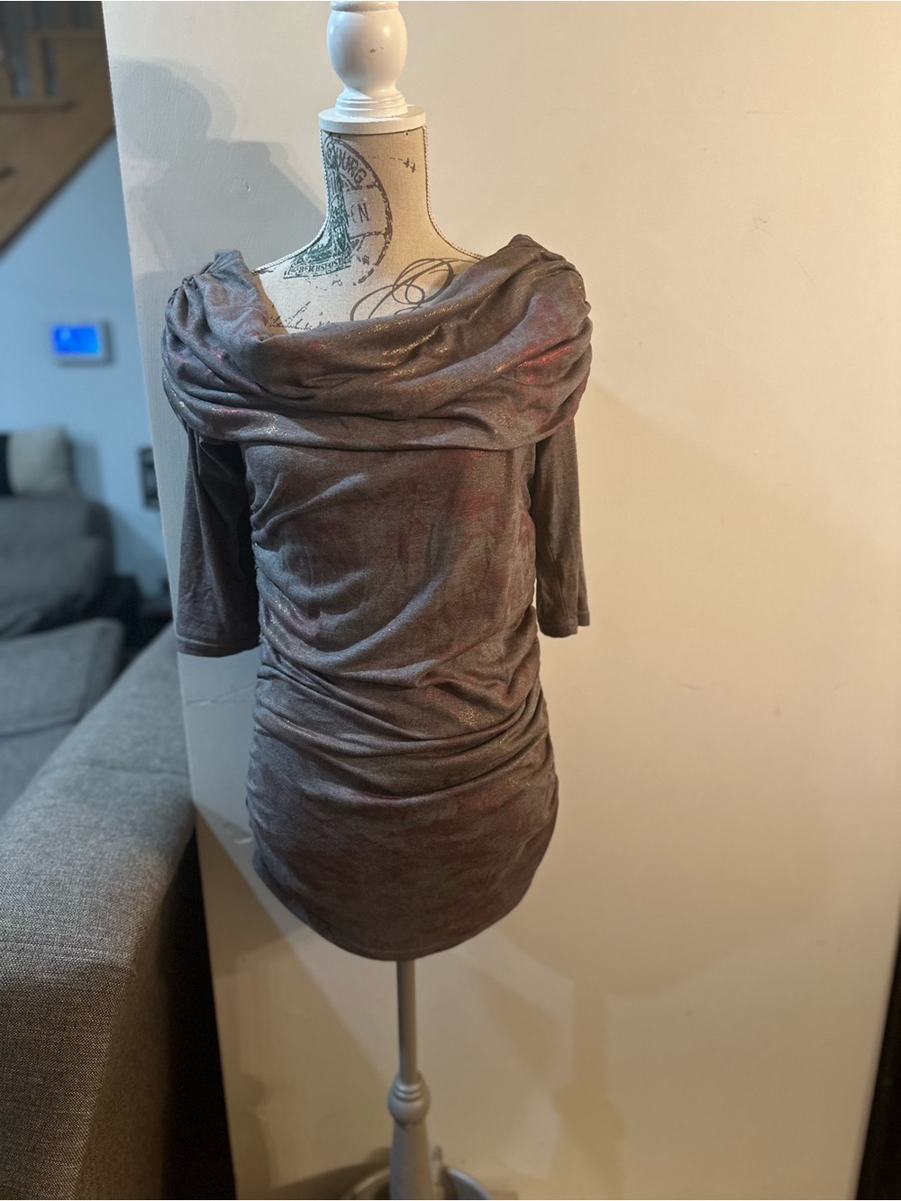 Draped Off-Shoulder Ruched Top in Heathered Taupe